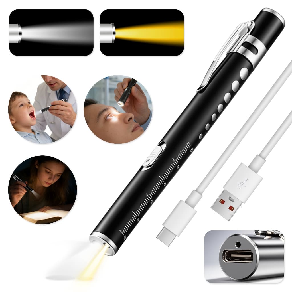 kit 4 Lanterna Clinica Medica USB Recarregavel Caneta Luz Branca e Quente Medidor Pupilar